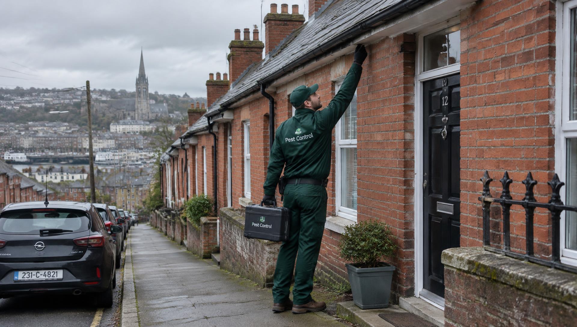 Pest control technician inspecting the eaves of a house in Cork