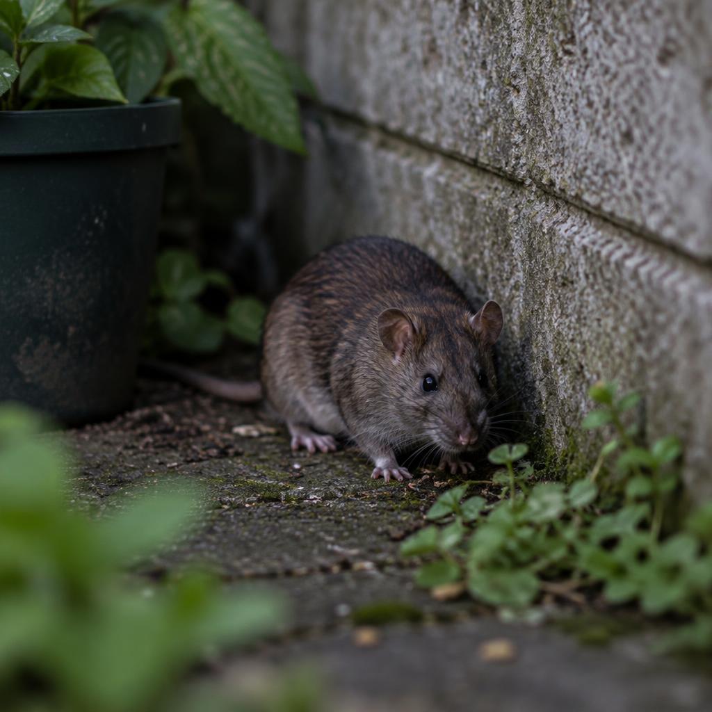Brown rat beside a garden wall